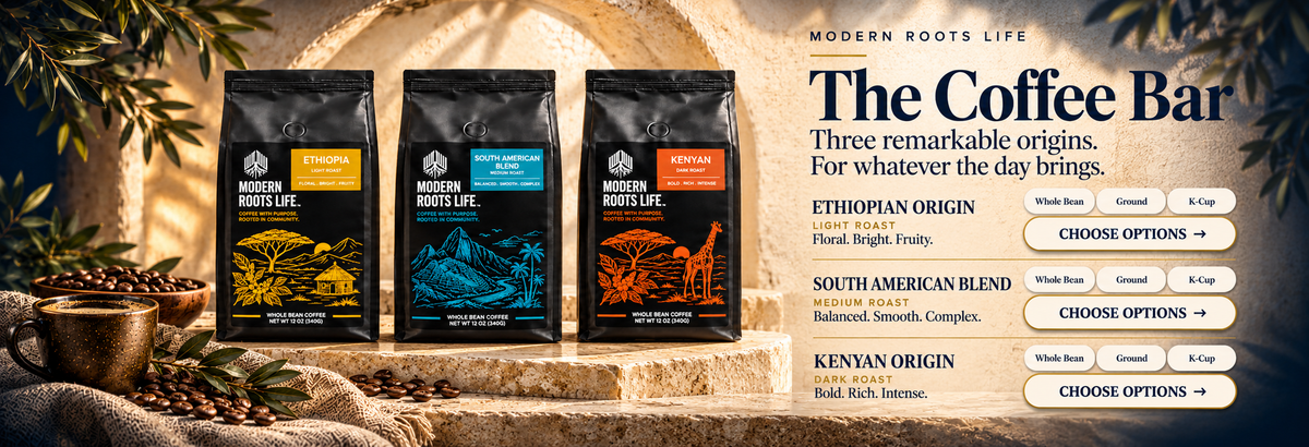 The Coffee Bar: Ethiopian Origin light roast, South American Blend medium roast and Kenyan Origin dark roast, each in whole bean, ground or K-Cup