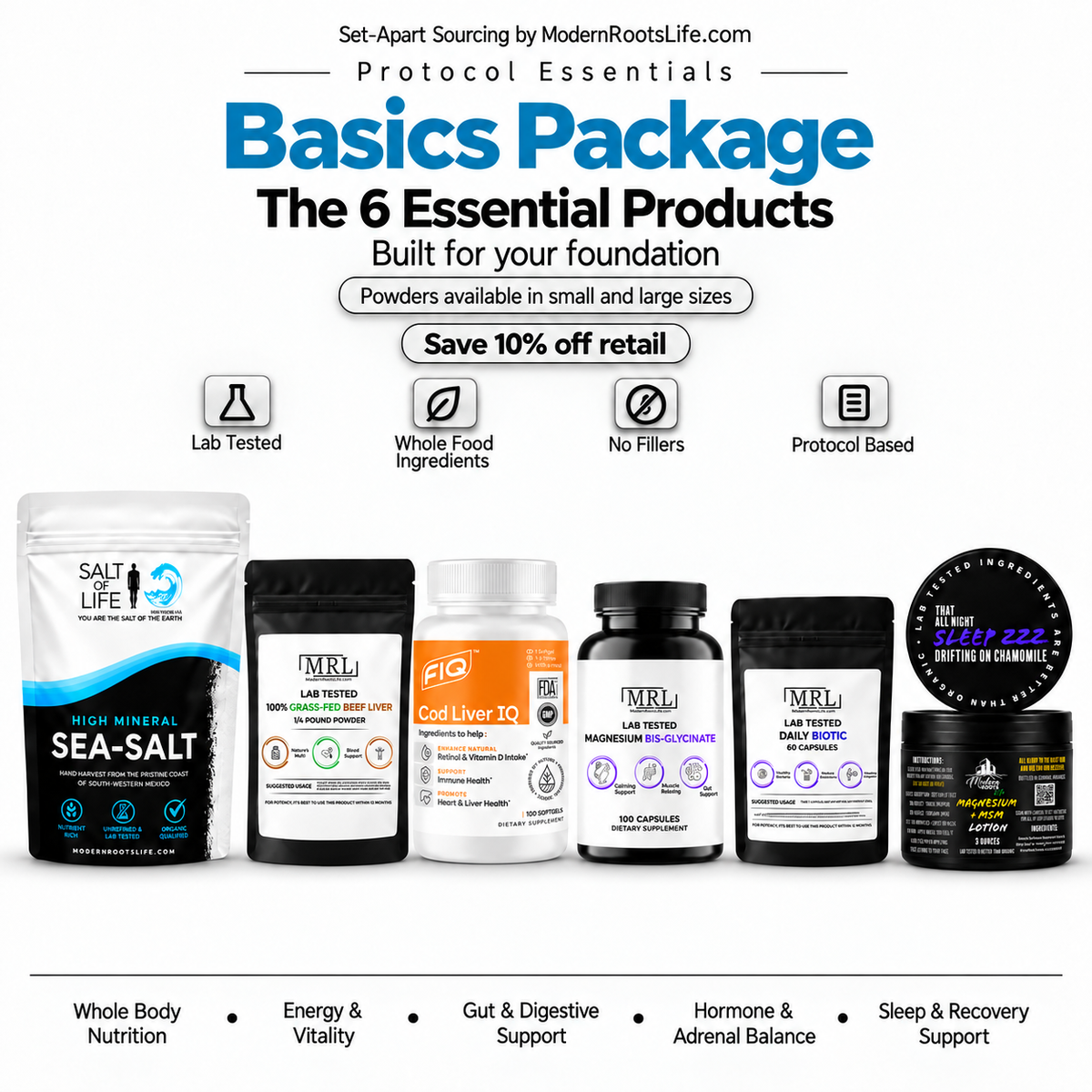 Protocol Essentials Basics Package in powders - 6 essential products, save 10% off retail. Powders available in small and large sizes.