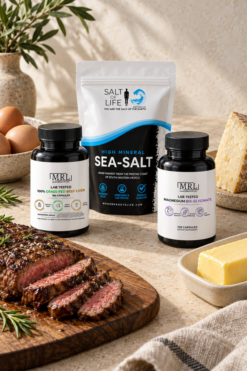 Modern Roots Life sea salt, beef liver and magnesium products arranged with steak, eggs, butter and cheese.