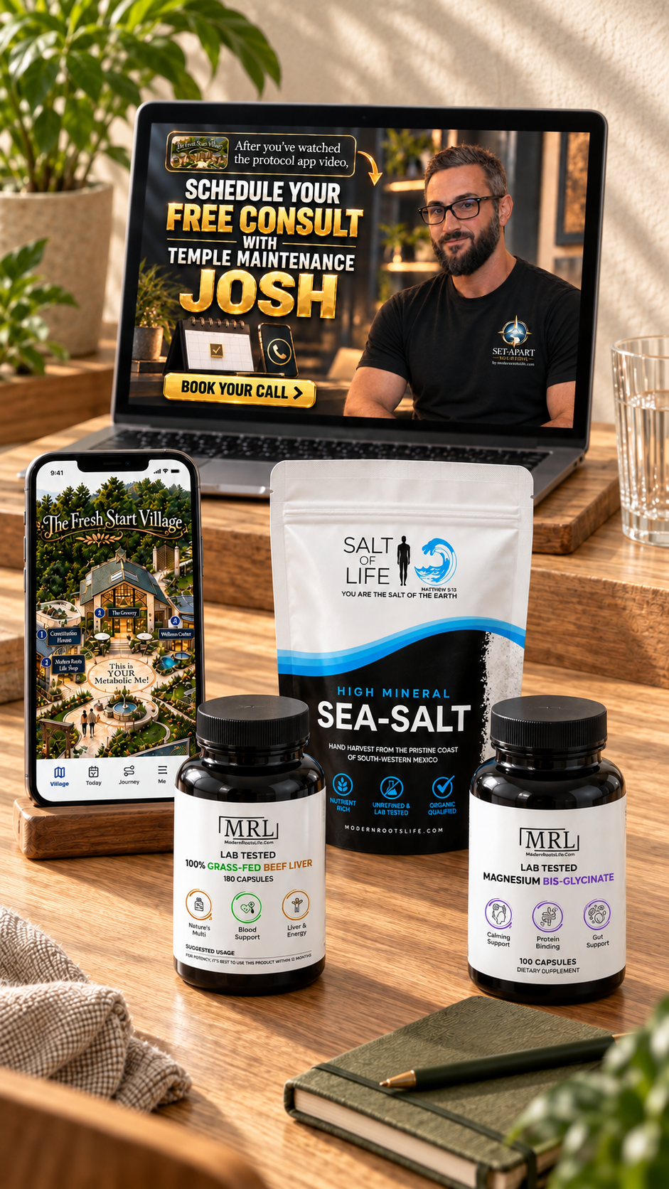 Modern Roots Life protocol essentials with the Fresh Start Village app and Josh's free consultation displayed on a laptop.