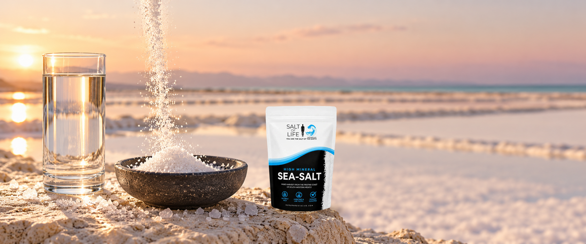 Salt of Life sea salt pouch on a sun-bleached rock beside a glass of water and a bowl of salt, salt flats at sunset behind