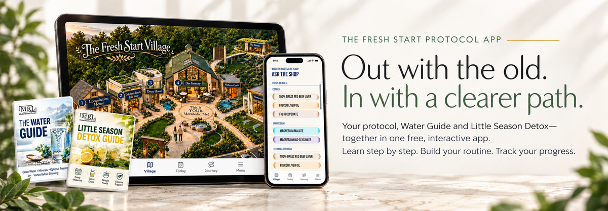 The Fresh Start Protocol App. Out with the old. In with a clearer path. The Fresh Start Village on a tablet and phone beside previews of the Water Guide and Little Season Detox Guide.