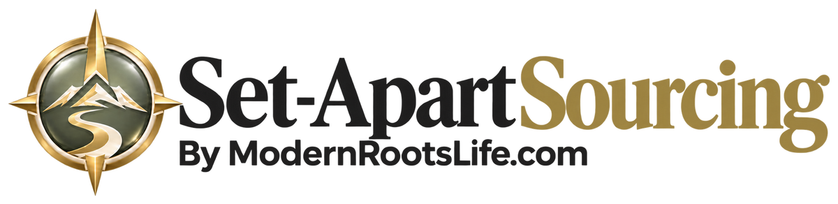 Set-Apart Sourcing By ModernRootsLife.com, with matte charcoal and gold lettering and a sage glass compass, mountain and winding-path emblem.
